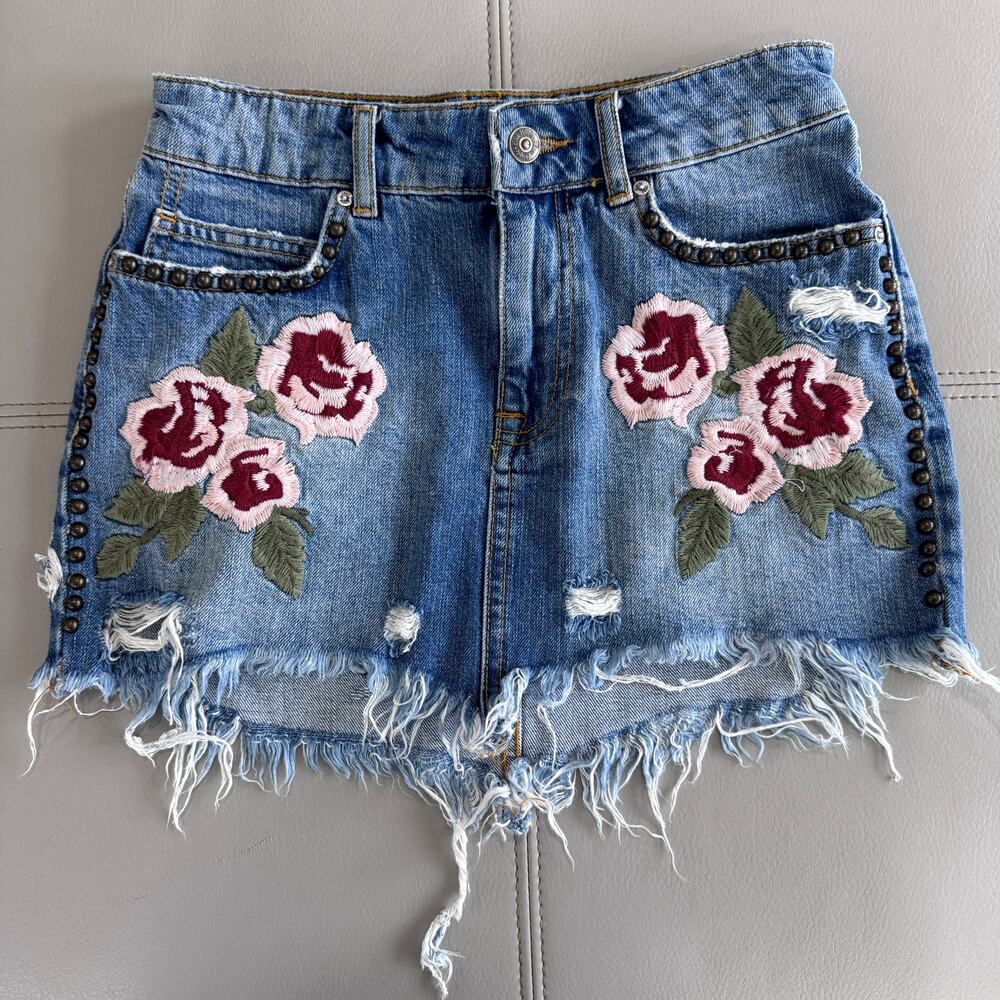 Free People Women's 25 Embroidered Studded Raw Hem Boho Mini Skirt